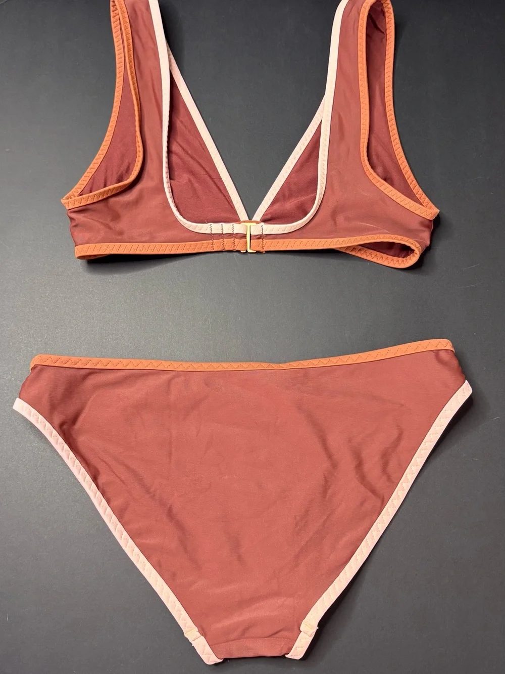 aerie Two-Piece Triangle Bikini in Rust with Peach and Orange Trim